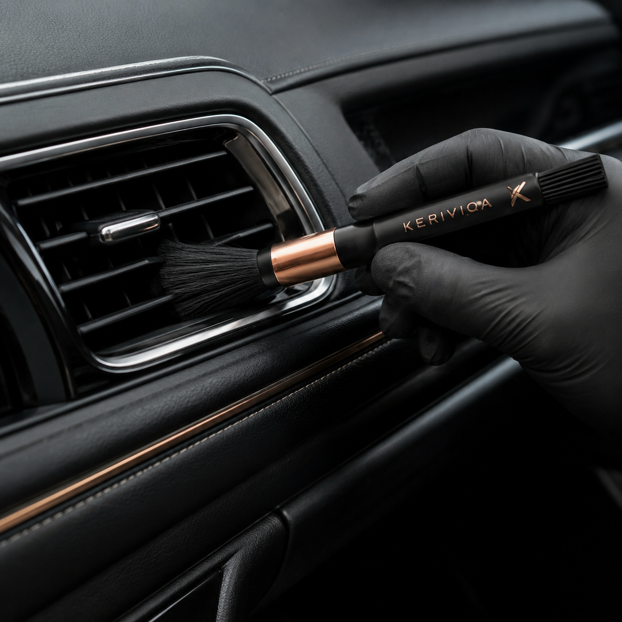 Keriviqa Vent Detail Brush for automotive air vent cleaning in use