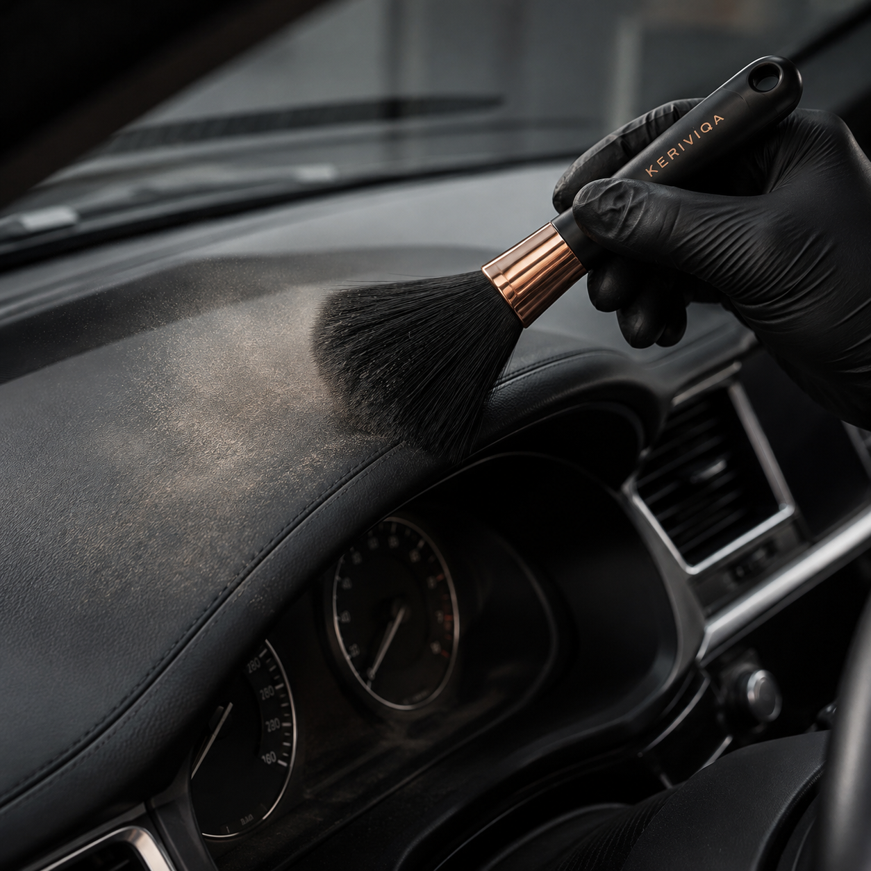 Keriviqa Dashboard Detail Brush for car interior dusting in use