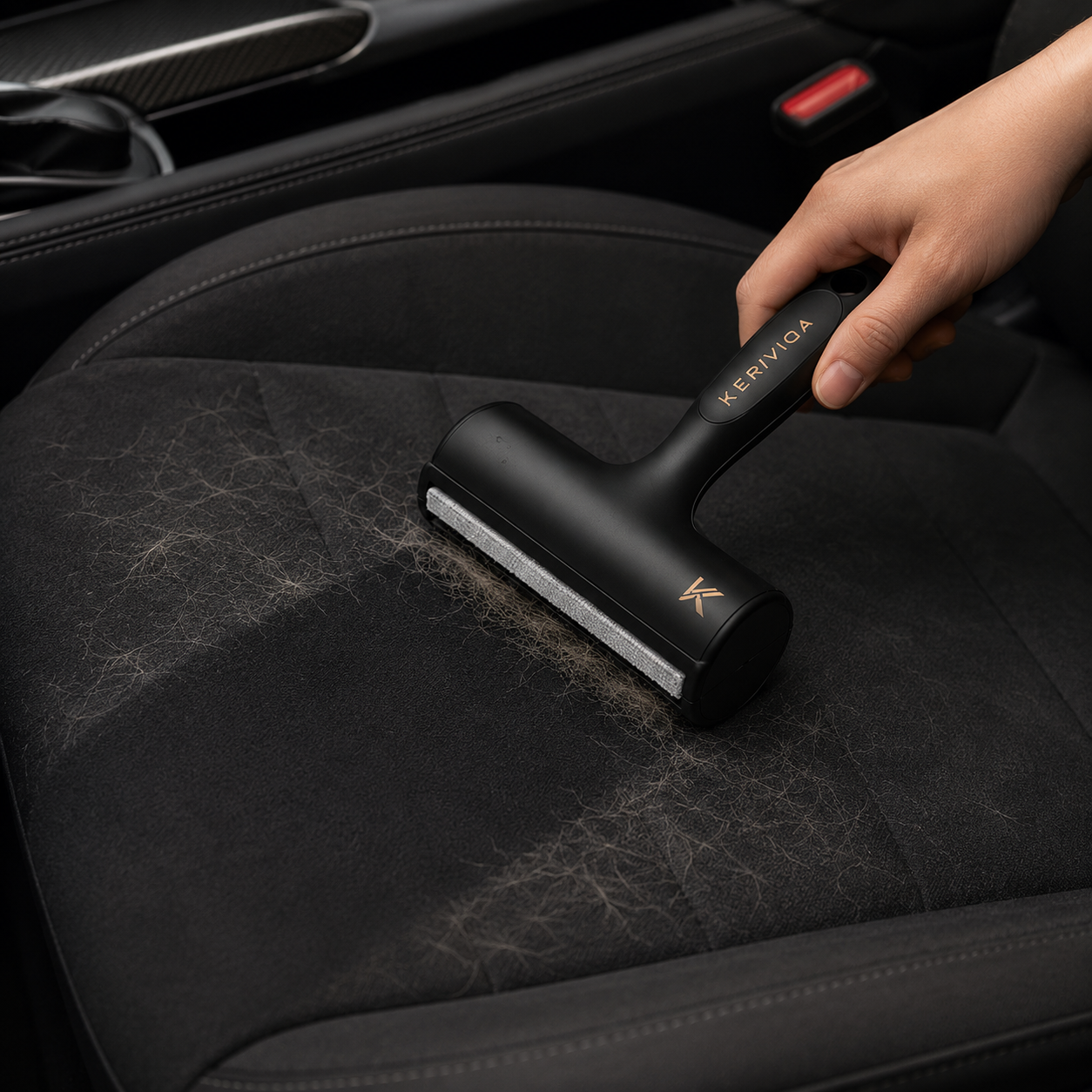 Keriviqa Pet Hair Remover for vehicle upholstery in use
