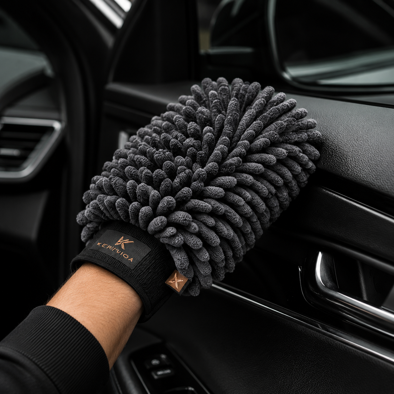 Keriviqa Microfiber Detailing Mitt for car interior cleaning in use