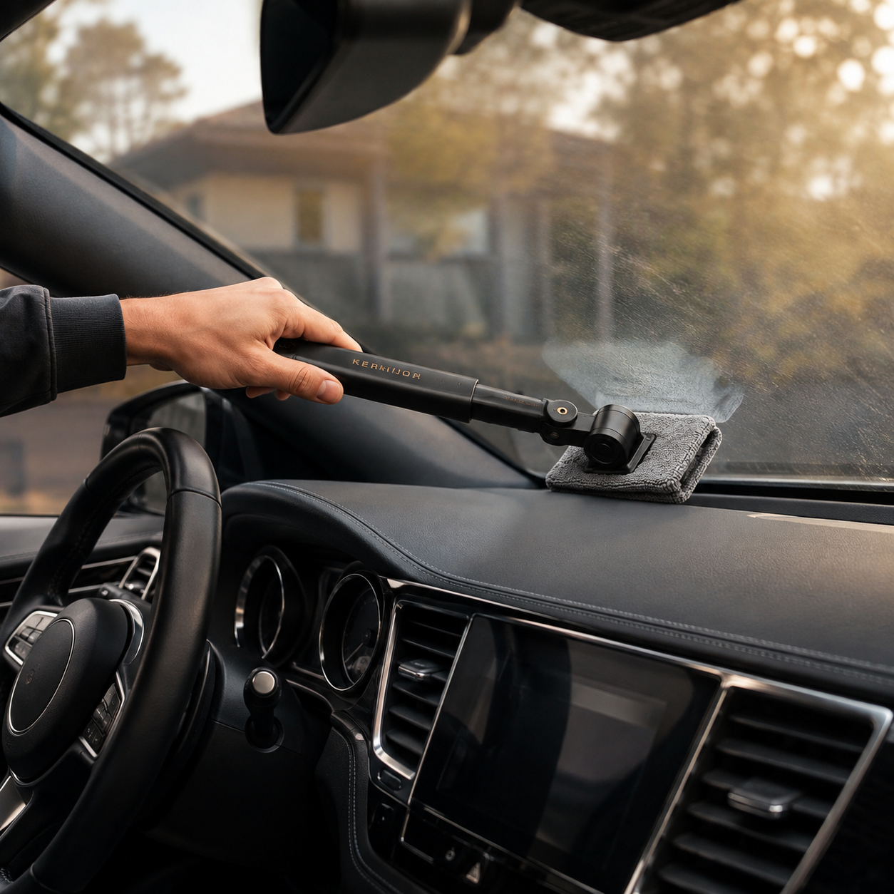 Keriviqa Interior Glass Reach Tool for windshield cleaning in use