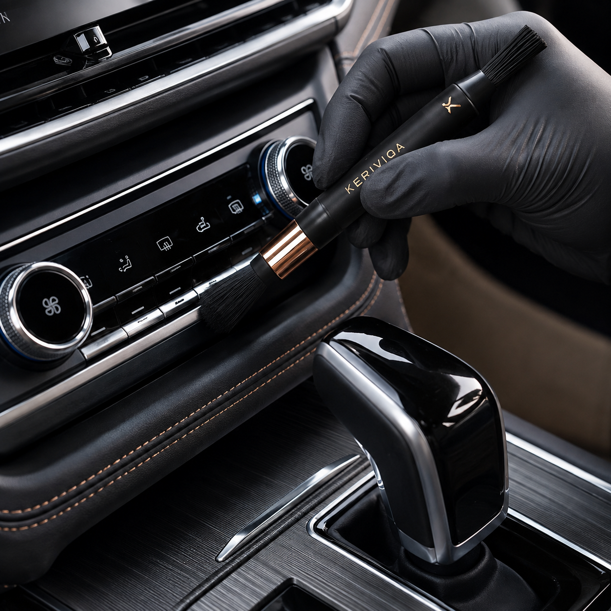 Keriviqa Dual-Ended Precision Brush for automotive interior detailing in use