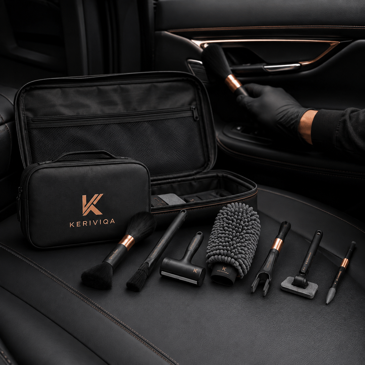 Keriviqa Interior Detail Kit with coordinated car cleaning tools in use