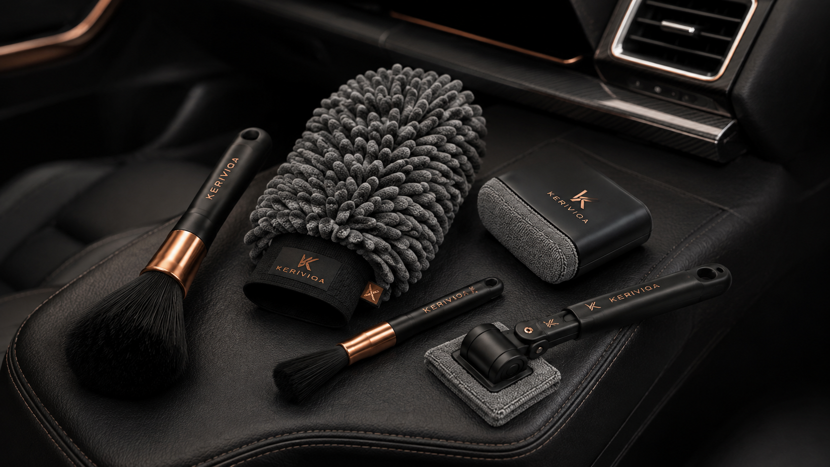 Keriviqa detailing tools arranged for interior cleaning